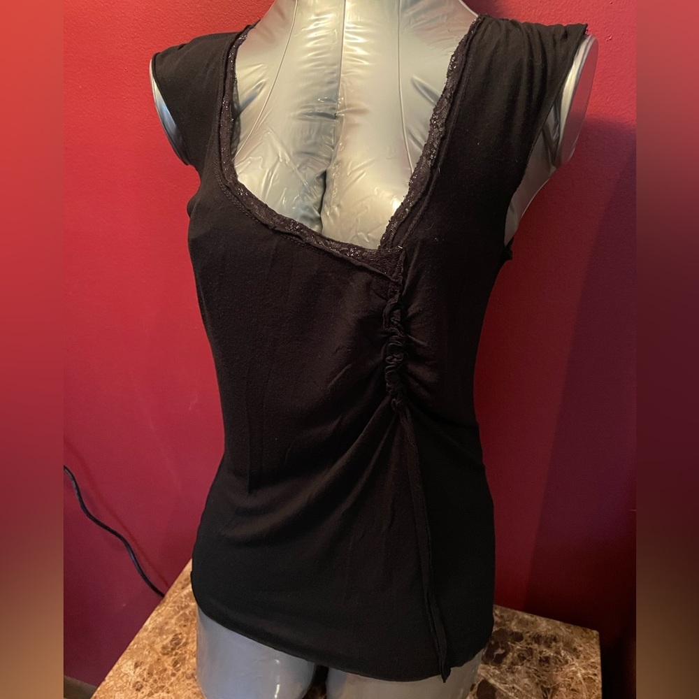 Free People S/P Black Asymmetrical Glitter Lace Neckline Gathered Detail